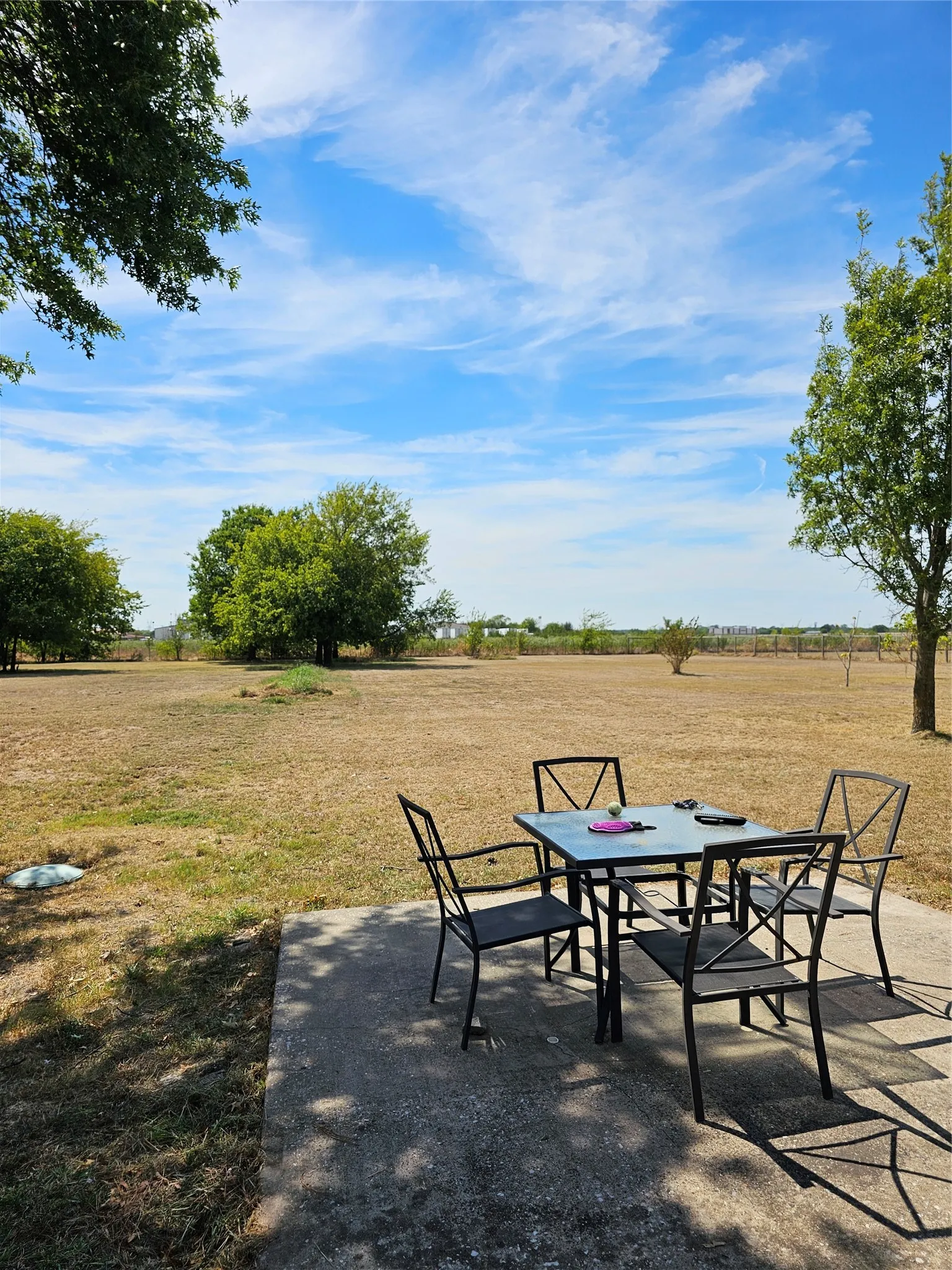 Expansive outdoor concrete patio with surrounding open field and mature trees