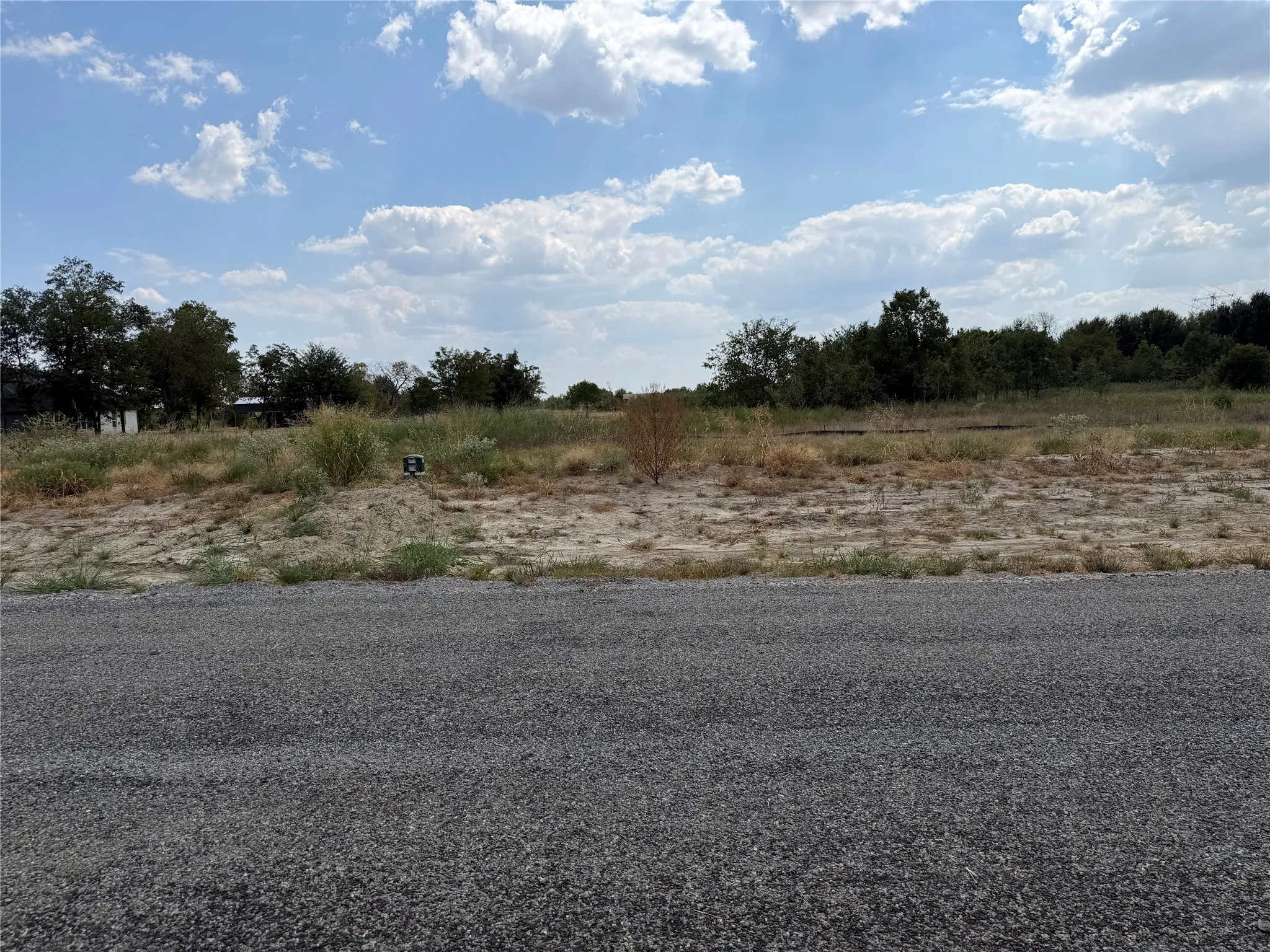 Gravel road frontage leading to a flat, undeveloped lot with natural vegetation and a distant tree line