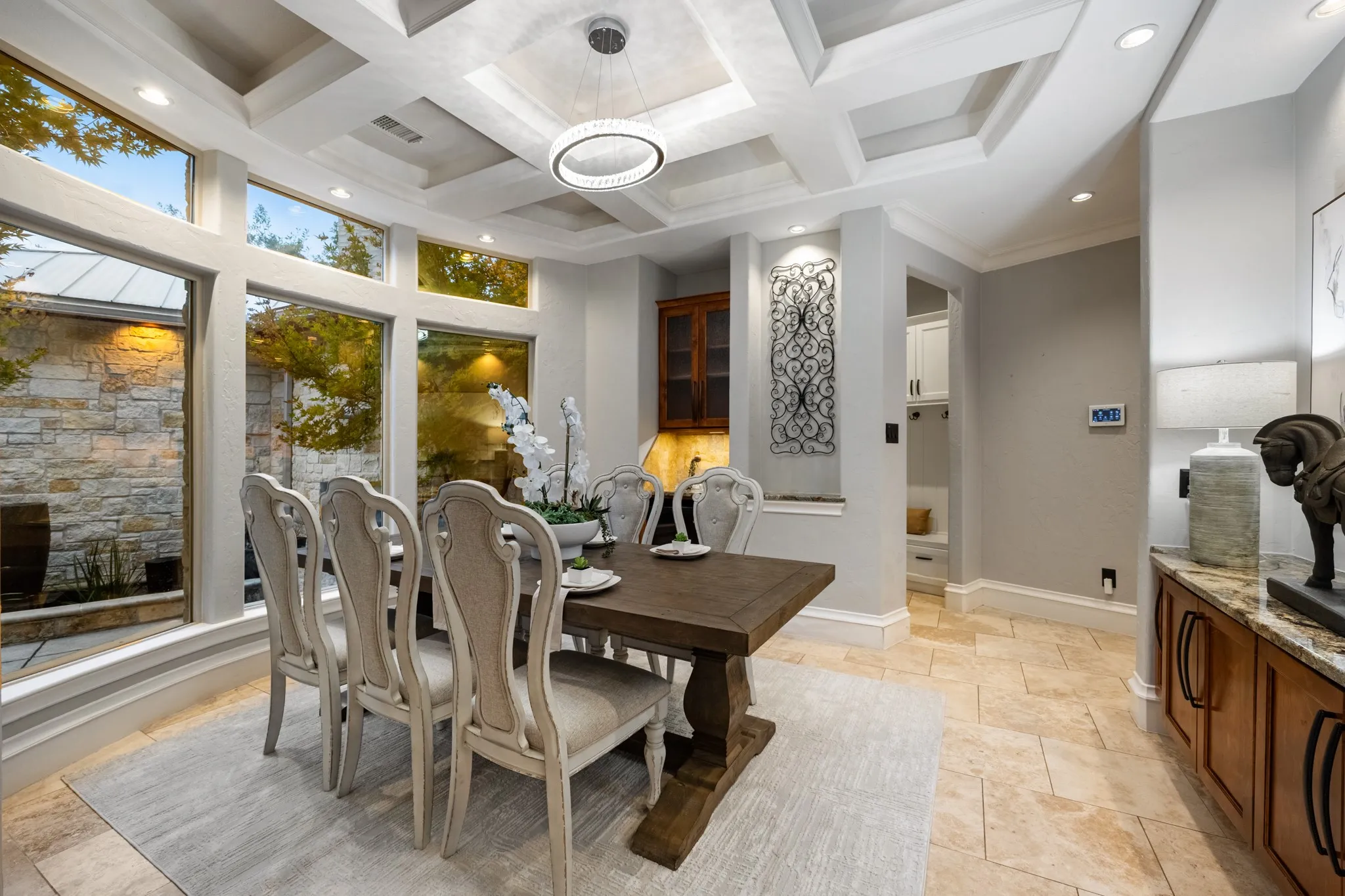 Spacious dining area with courtyard views.