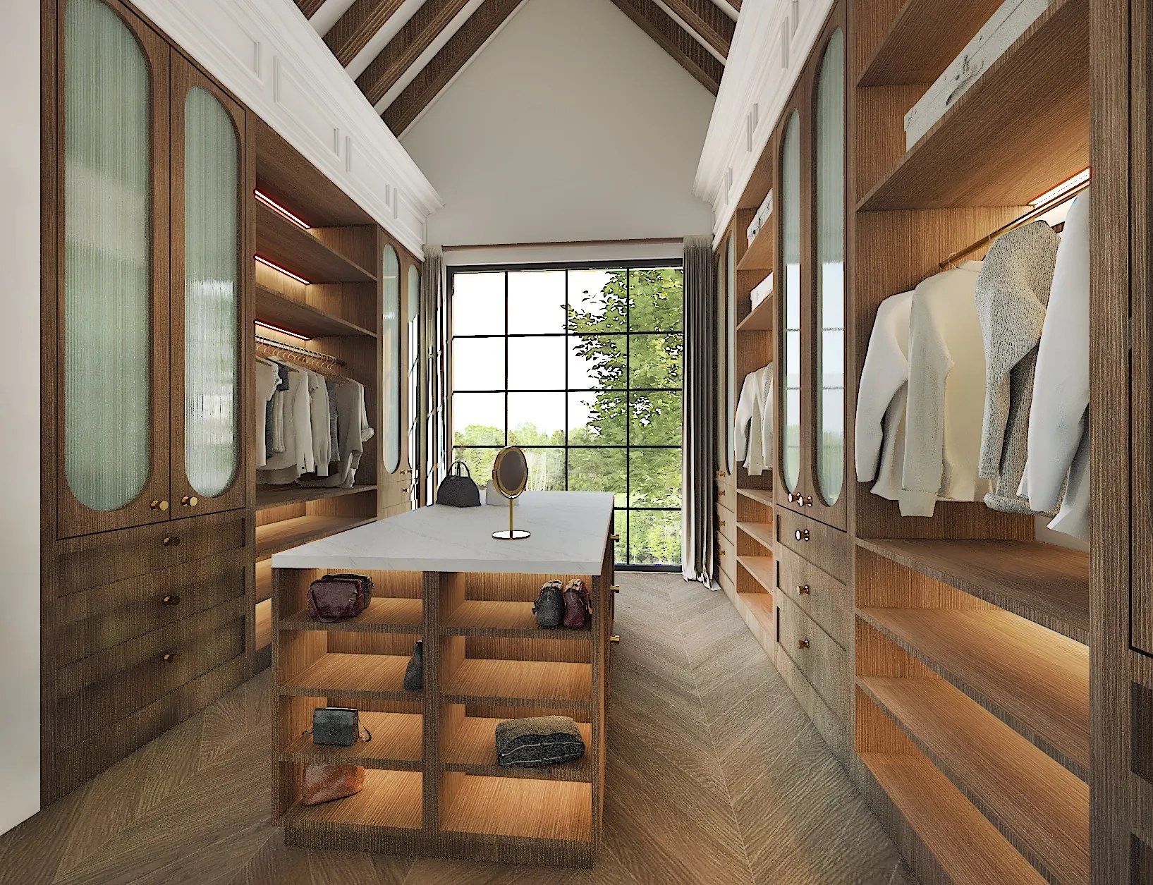 High vaulted ceiling with exposed beams, herringbone wood-finish flooring, custom wood cabinetry with integrated lighting, central island with solid surface countertop, and large multi-pane window