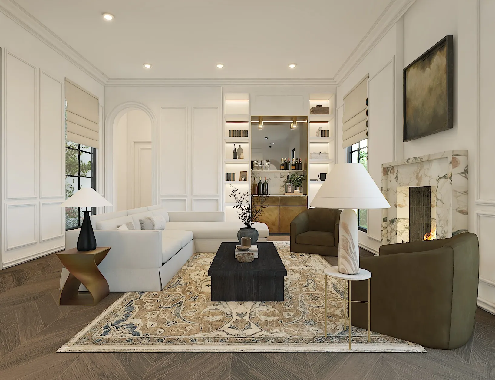 Wood-finish herringbone flooring, extensive wall paneling, built-in shelving with integrated lighting, a stone fireplace, and recessed ceiling lighting