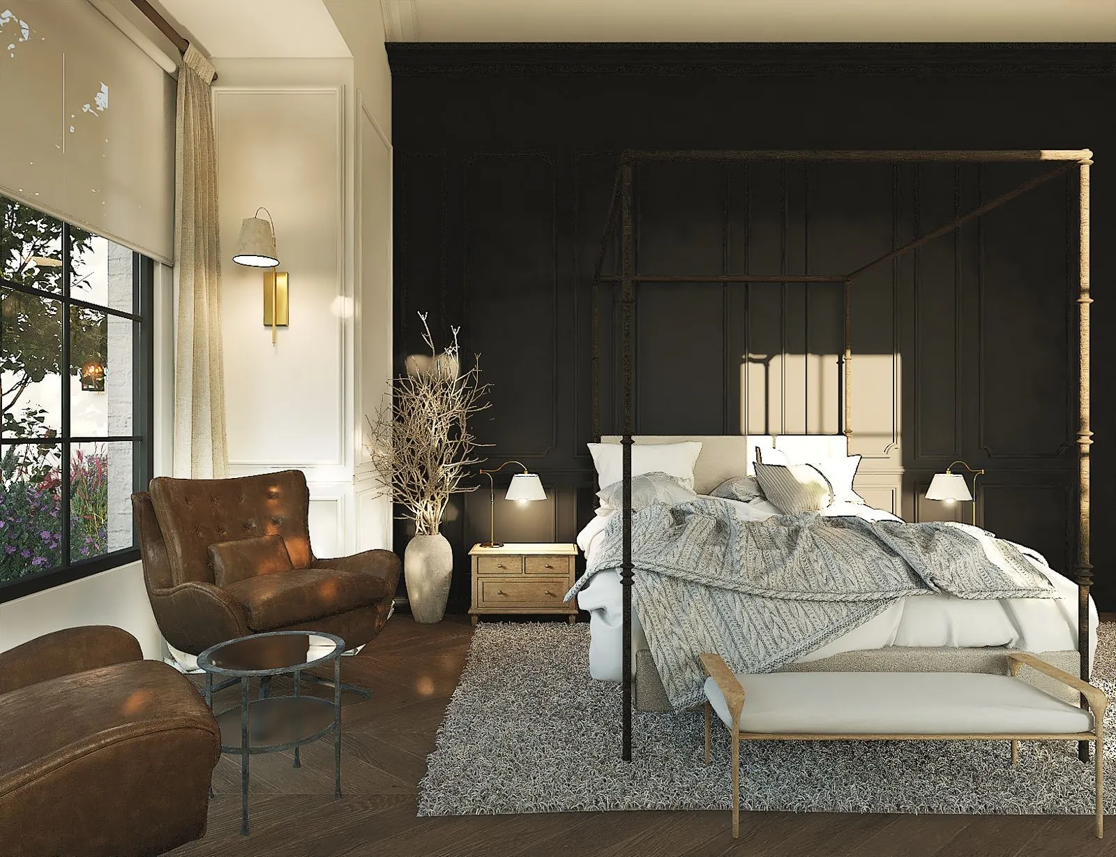 Dark paneled accent wall, wood-finish flooring, large window with black grid, built-in wall sconce, and recessed lighting