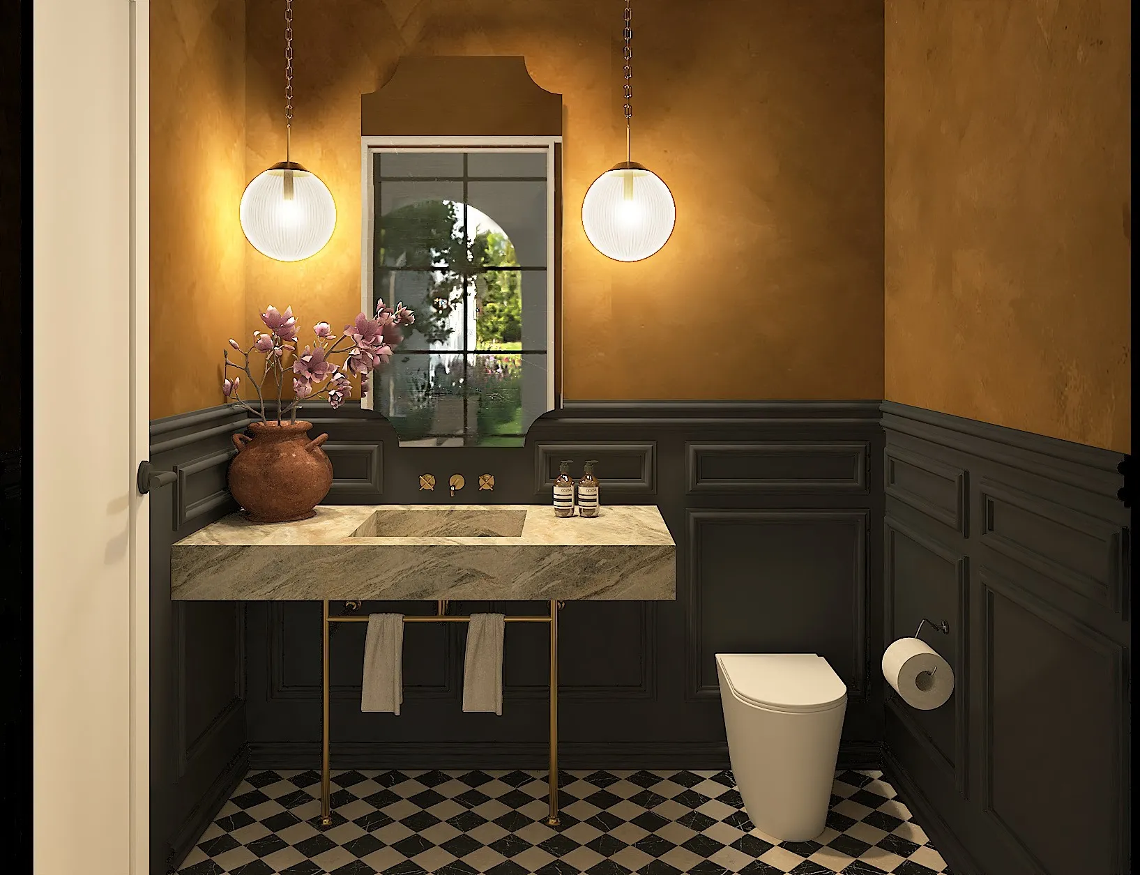 Black and white checkerboard flooring, paneling with a rich dark finish, stone vanity with integrated sink, brass wall-mounted faucet, and two spherical pendant lights