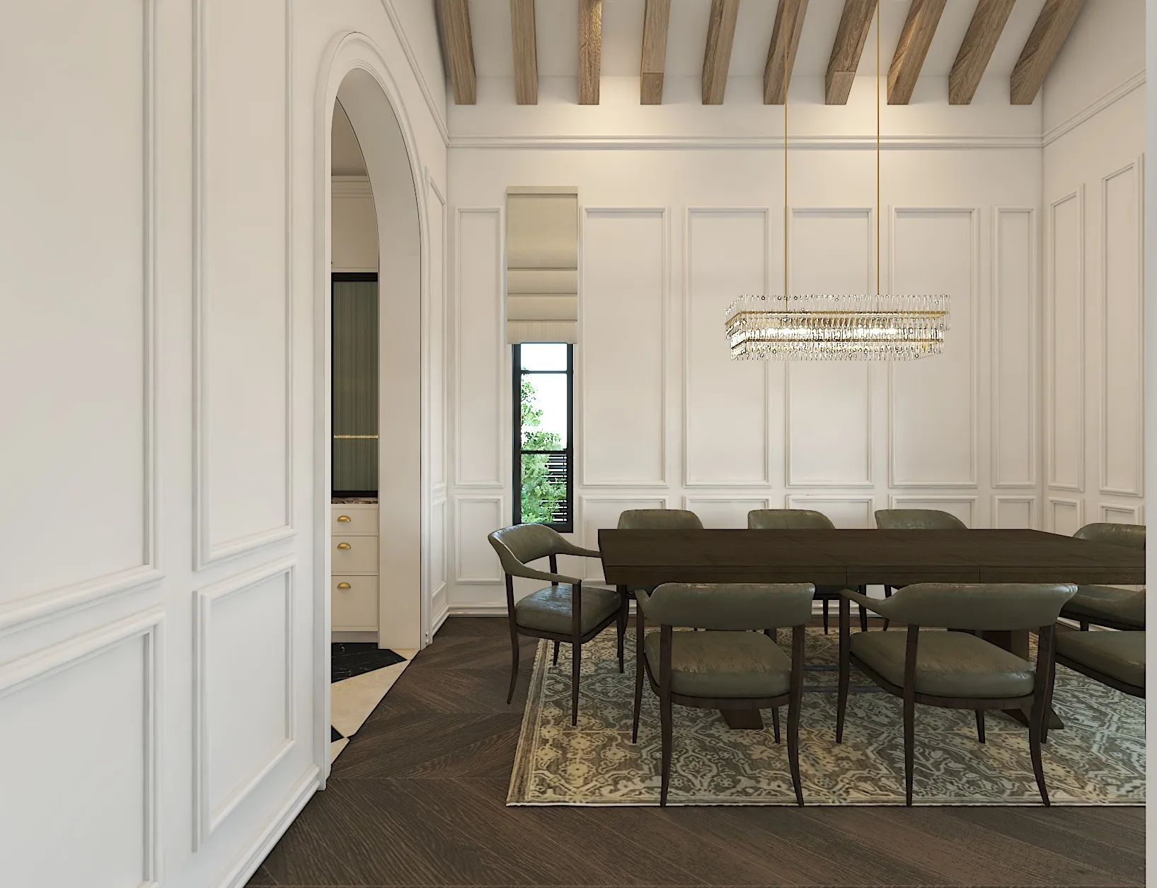 Paneling details, arched entryway, exposed ceiling beams, wood-finish flooring, and a rectangular chandelier