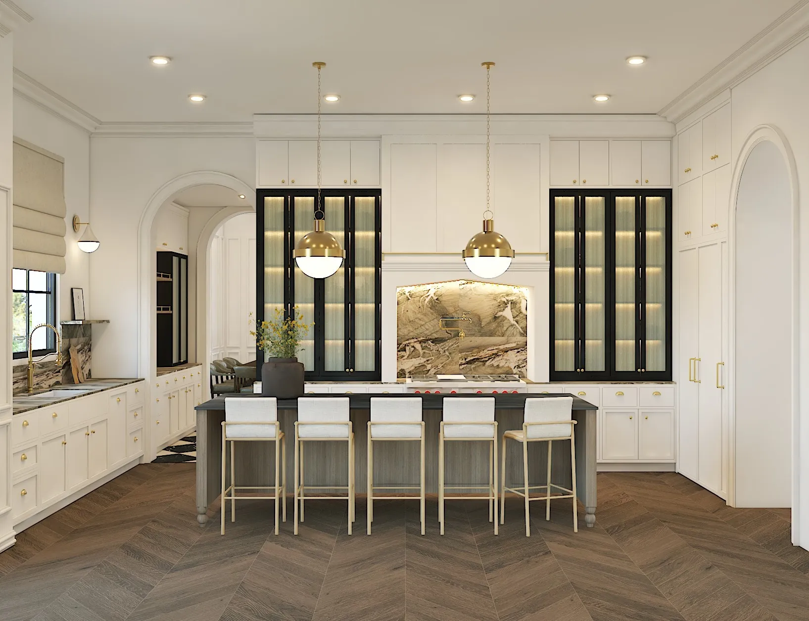 Herringbone wood-finish flooring, recessed lighting, and archways define this space