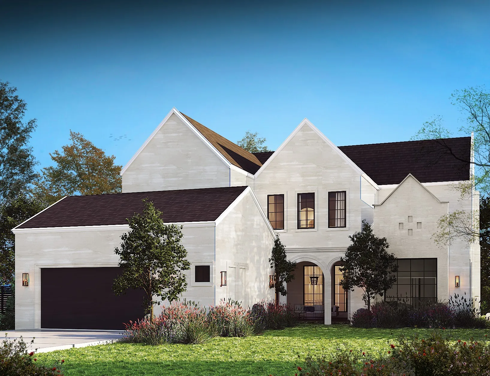 Architectural facade with multiple gables, dark shingle roofing, integrated garage with a dark door, arched entryway, and established landscaping