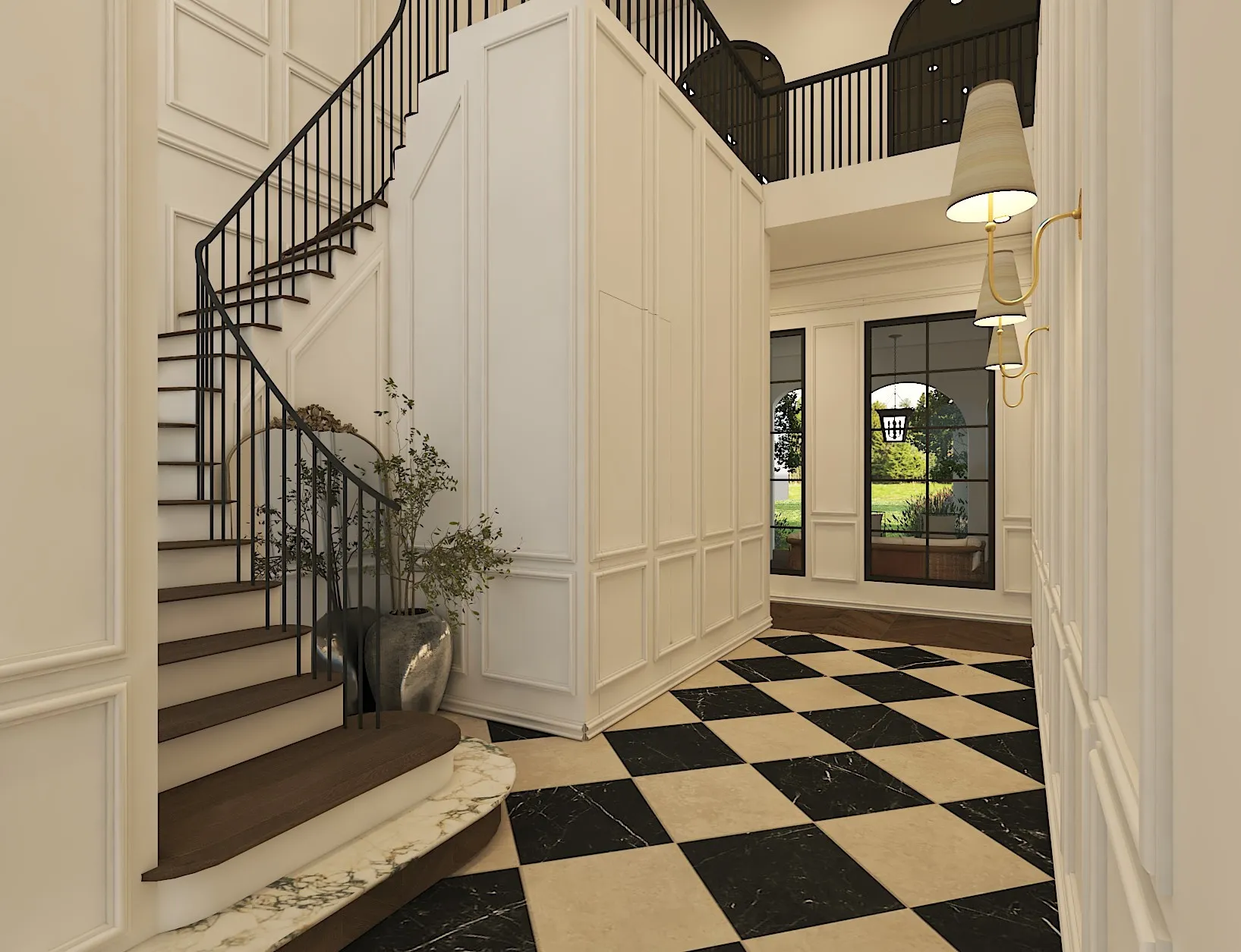 Grand staircase with dark wood-finish treads and wrought iron railing