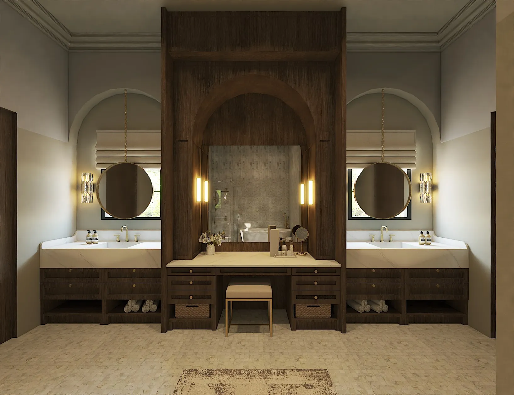 Dual vanity sinks with integrated white countertops