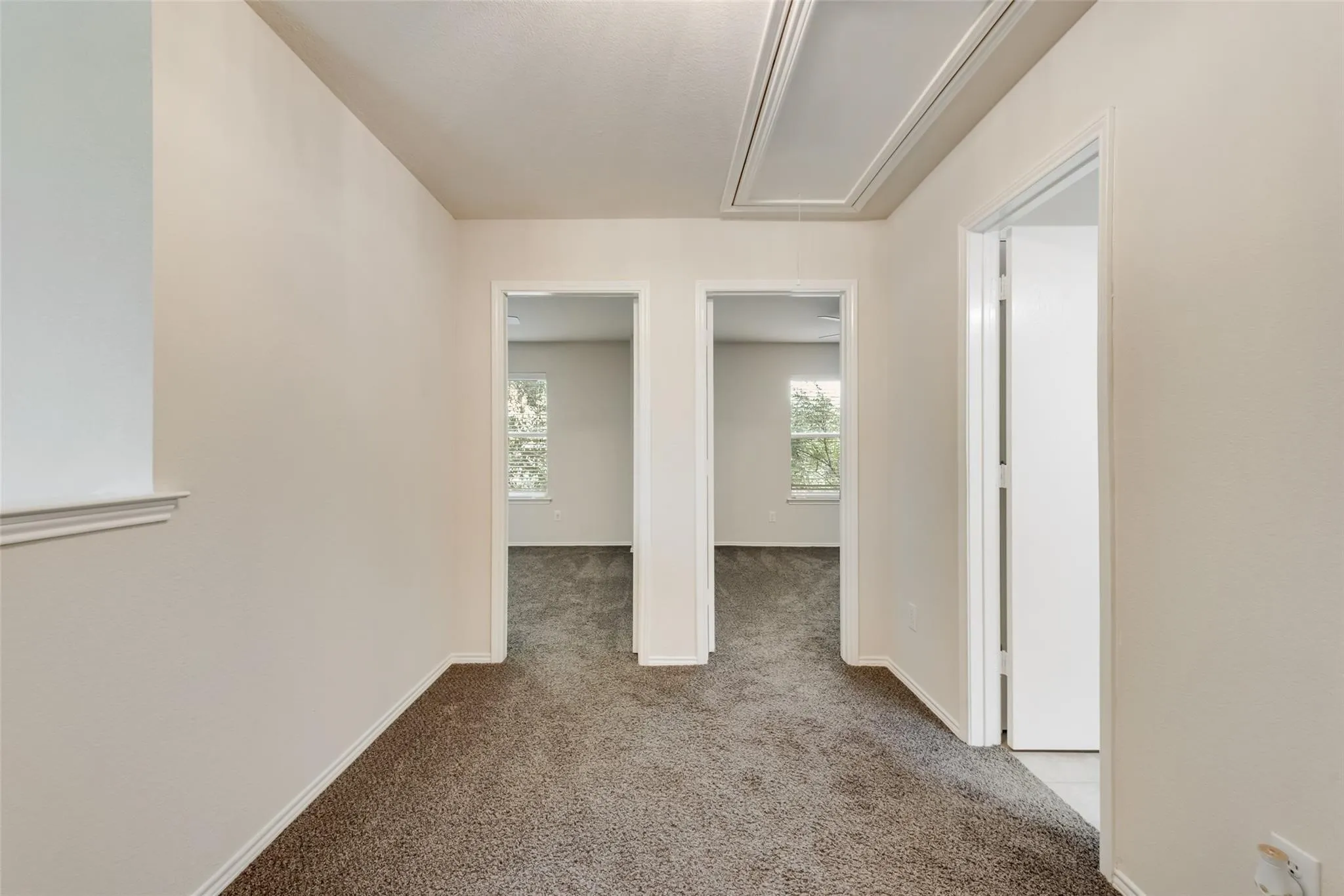 Carpeted hallway with light-toned walls