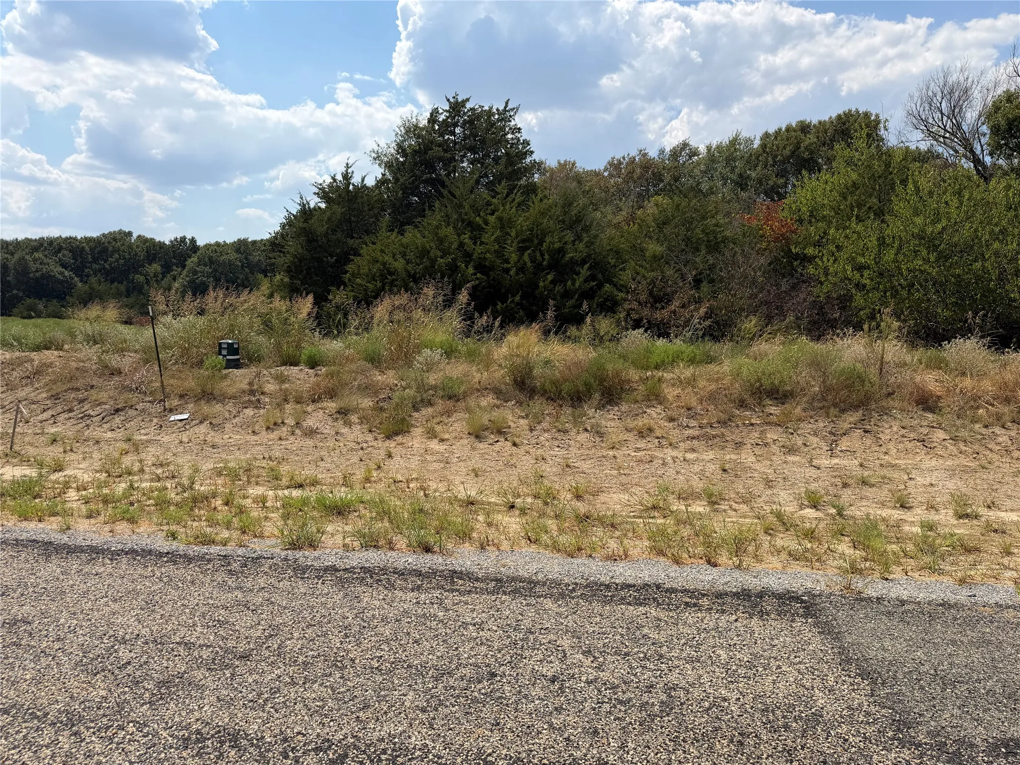 Gravel road frontage leading to a property with varied terrain and established trees in the background