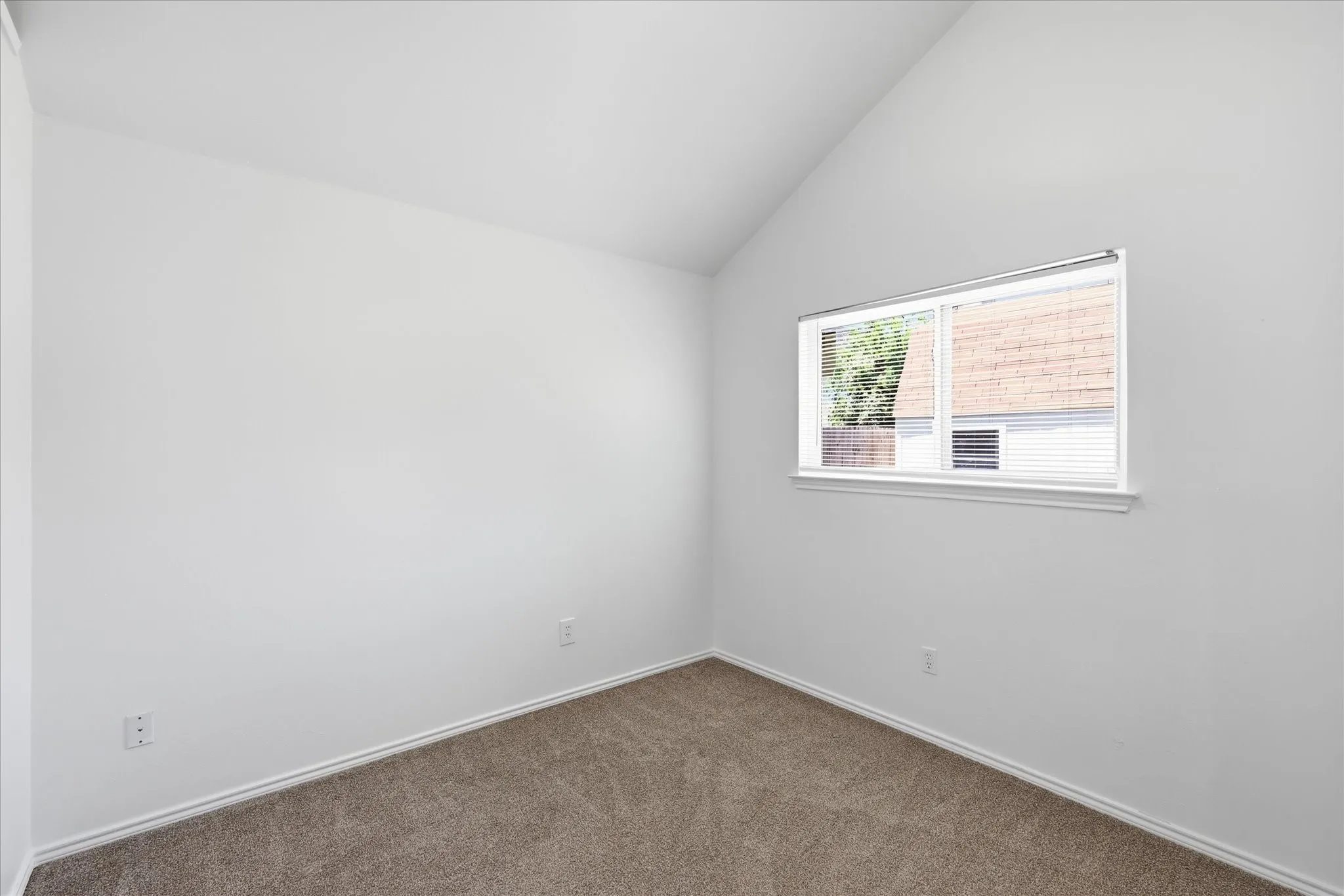 Vaulted ceiling, neutral wall paint, single-pane window, and carpet flooring