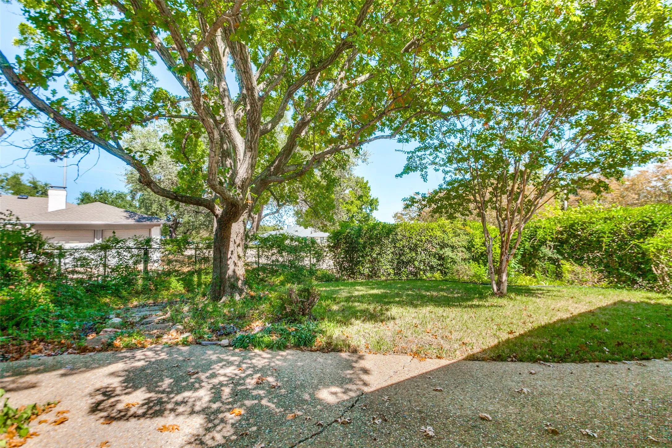 915 Grinnell Dr. - Rear exterior of the home featuring mature trees, a covered back porch, and a private, established backyard setting.