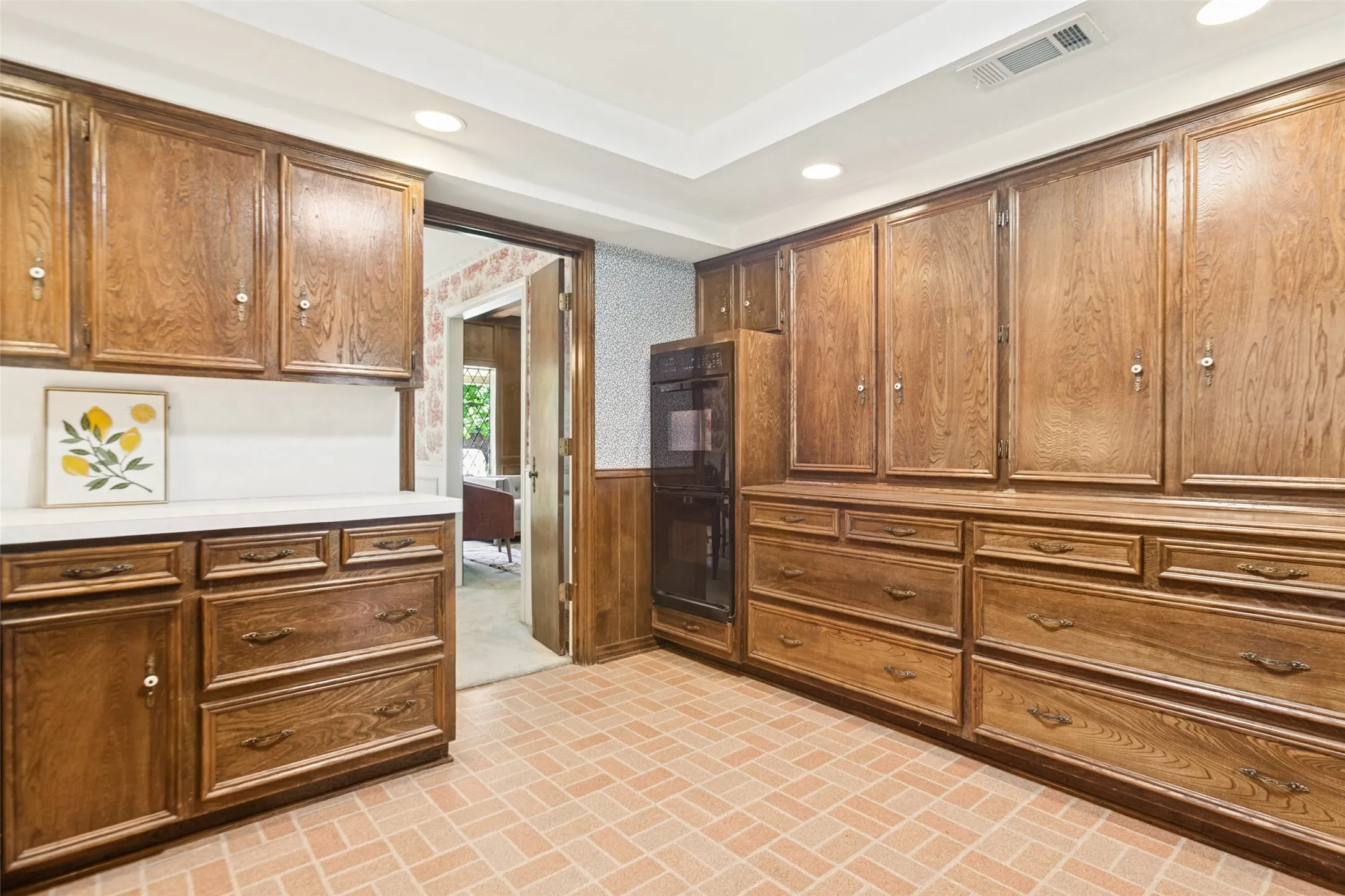 915 Grinnell Dr. - Kitchen featuring a tray ceiling with recessed lighting, a solar tube for additional natural light, traditional wood cabinetry with abundant storage, double ovens, and a large window above the kitchen sink.