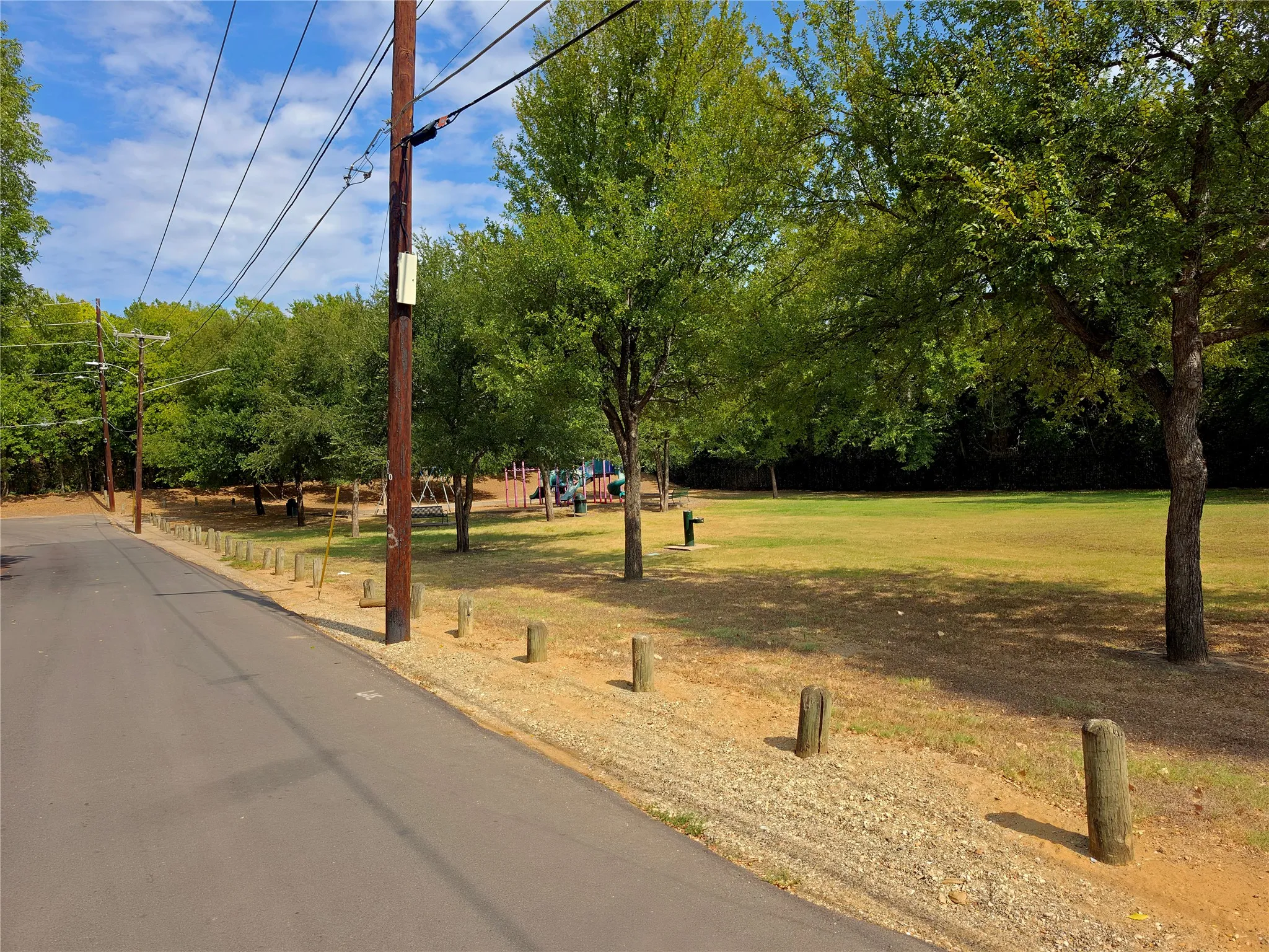 Expansive green space featuring mature trees and a dedicated recreational area