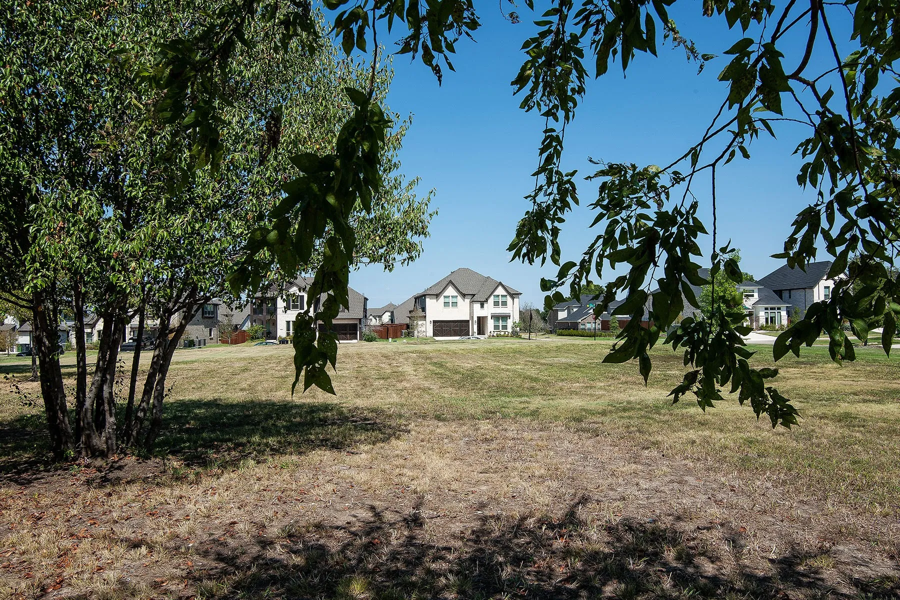 Expansive undeveloped land featuring a clear blue sky, distant residential structures, and mature trees