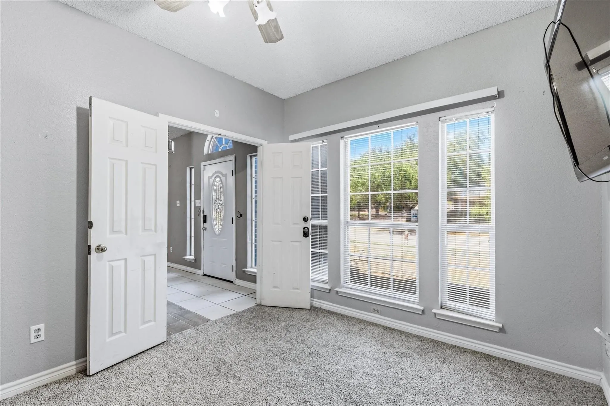 Gray wall paint with white trim, gray carpet, multiple paneled doors, and a ceiling fan