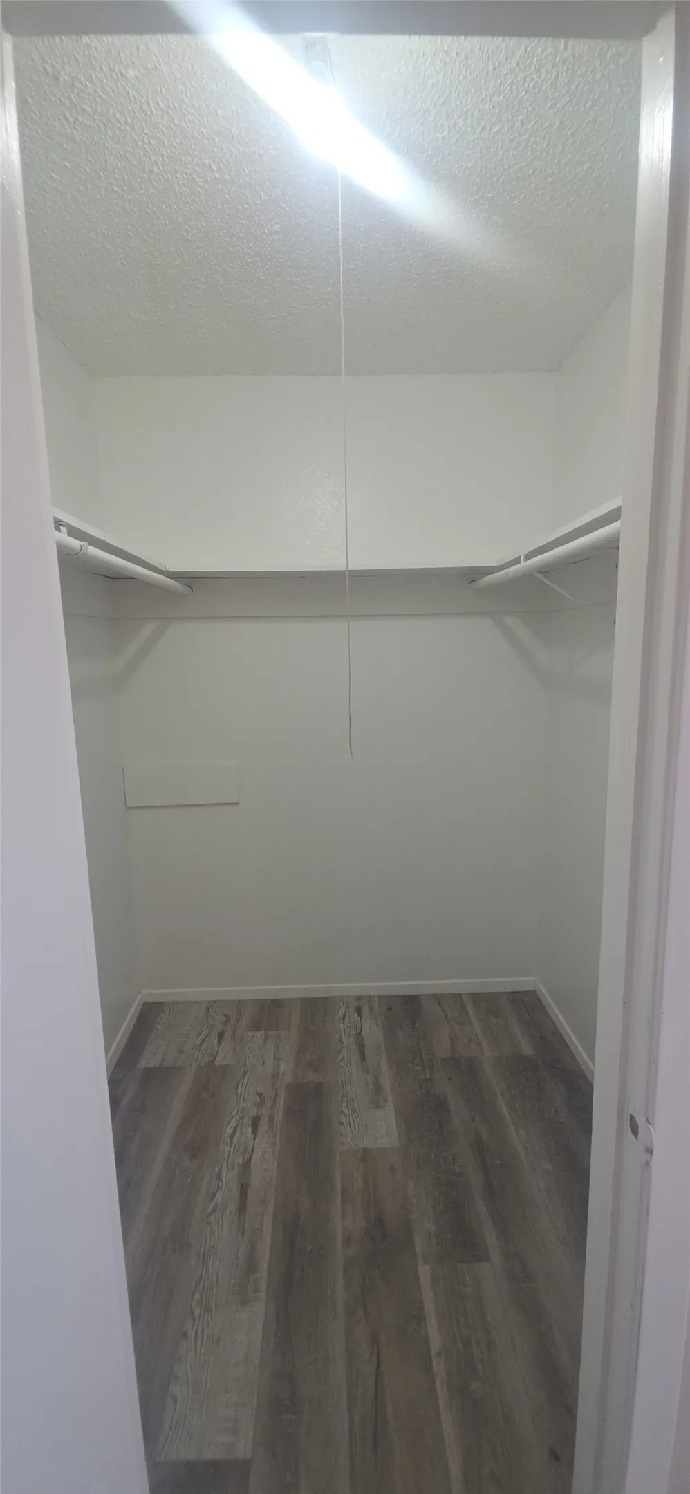 Walk-in closet featuring wood-finish flooring, white walls, and built-in shelving