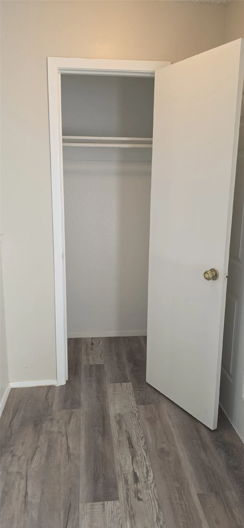 Wood-finish flooring throughout, with a closet featuring a white door and brass-tone doorknob