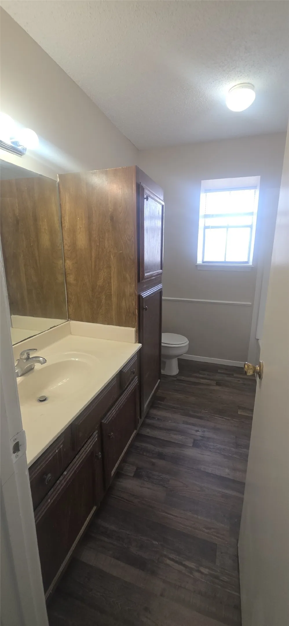 Vanity with an integrated sink and base cabinetry, wood-finish flooring, and a built-in storage cabinet