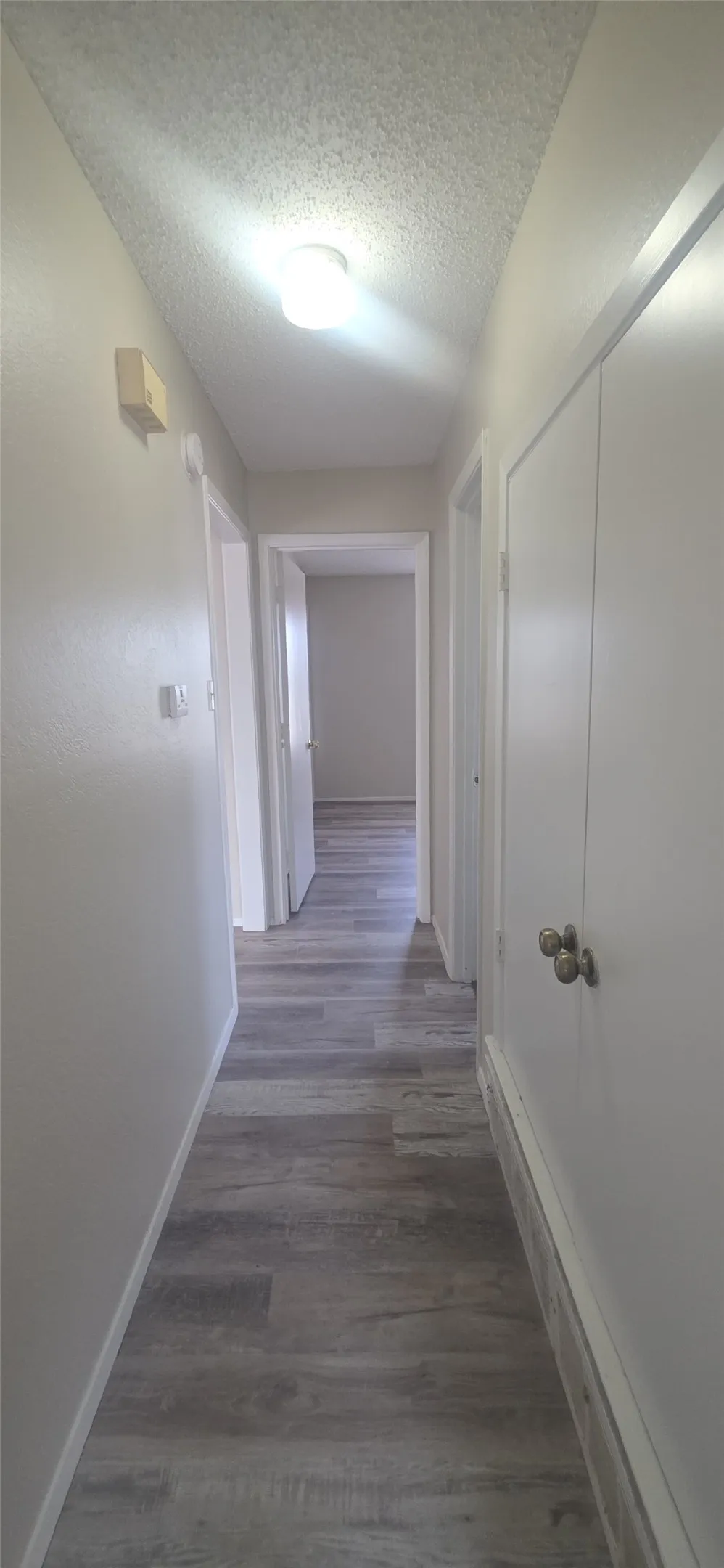 Hallway featuring wood-finish flooring, white doors, and a ceiling-mounted light fixture