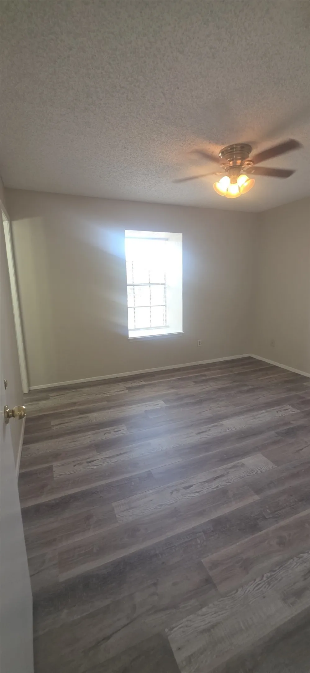 Room featuring wood-finish flooring, a ceiling fan with integrated lighting, and a window with horizontal muntins