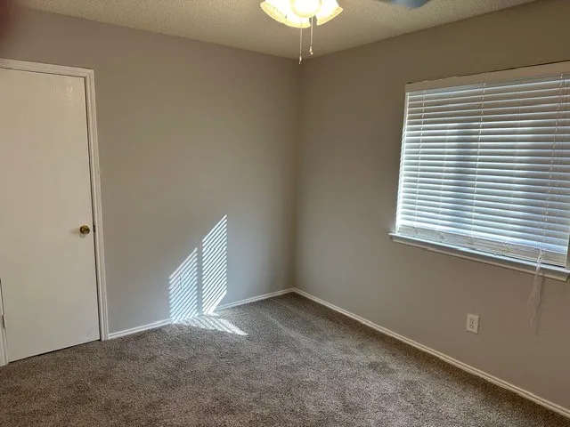 Wall-to-wall carpeting, neutral wall color, window with blinds, ceiling-mounted light fixture, and white trim