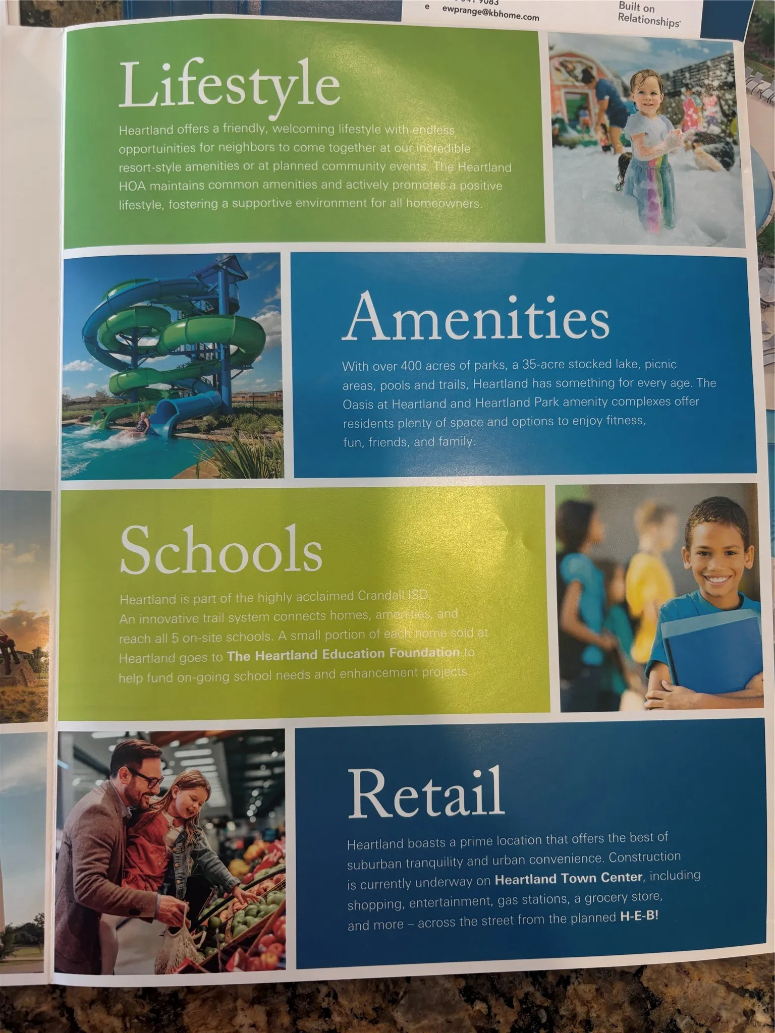 Marketing Brochure. Highlighting community features including amenities, educational facilities, and retail options