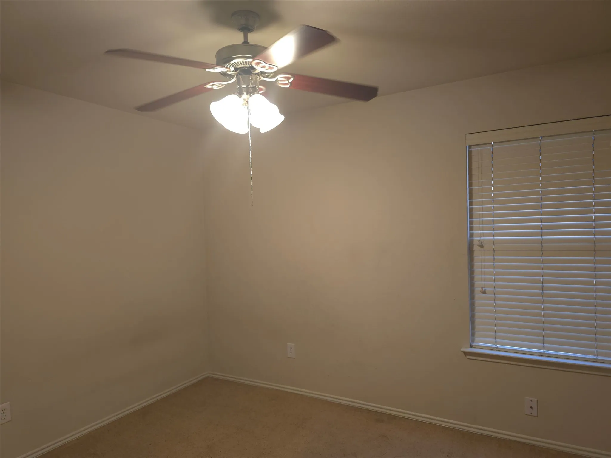 Wall-to-wall carpeting, ceiling fan with integrated lighting, and window with blinds
