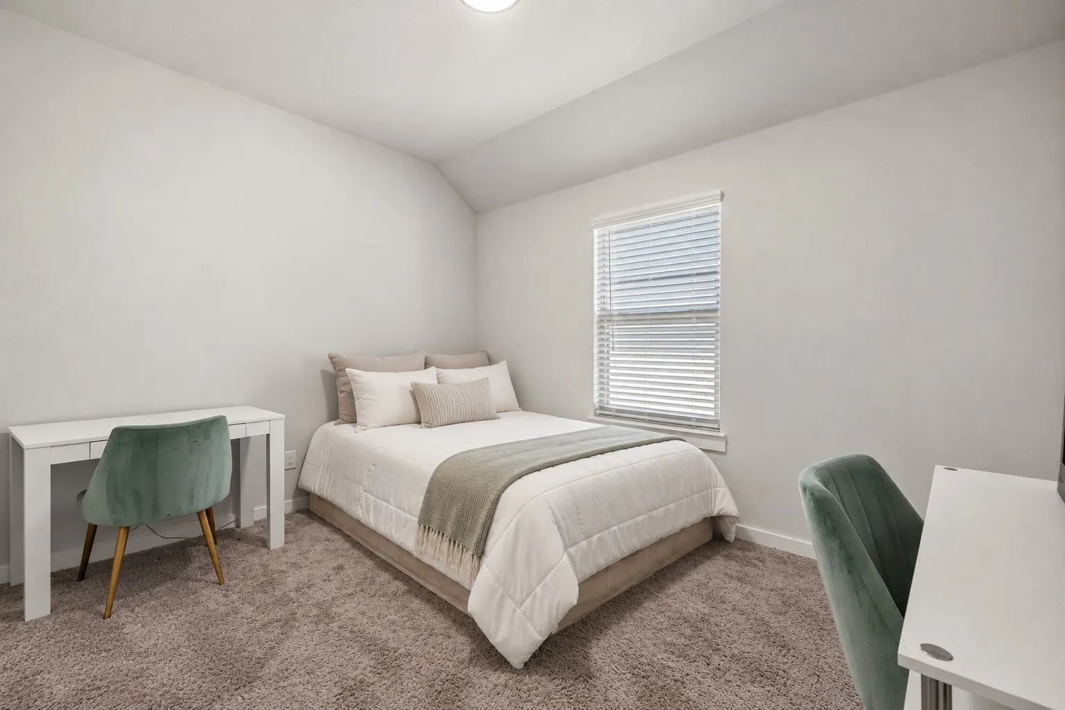 Carpeted flooring, window with blinds, and recessed lighting