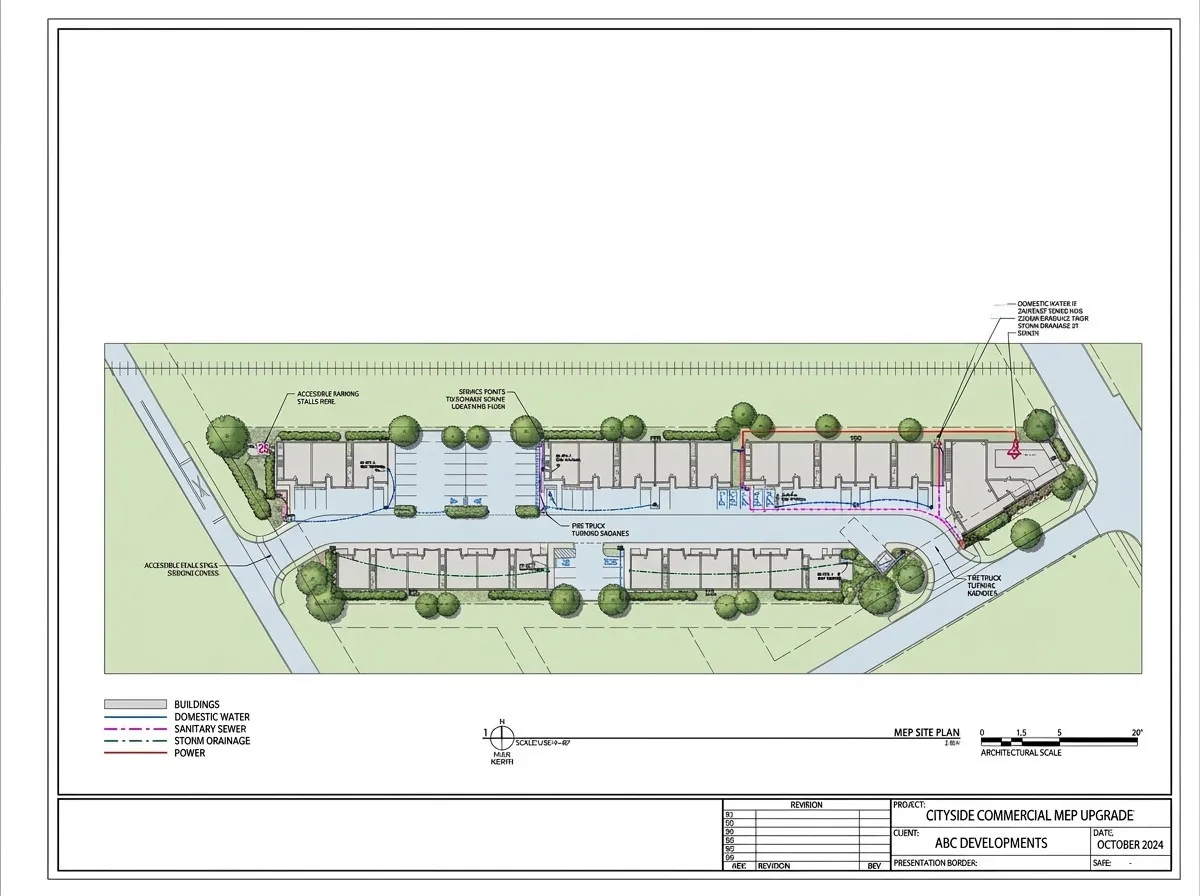 MEP Site Plan. Illustrating mechanical, electrical, and plumbing upgrades for the property