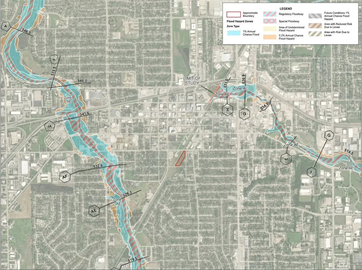 Flood Hazard Map. Illustrating flood hazard zones and types within the study area, including specific floodway and chance flood designations for the property