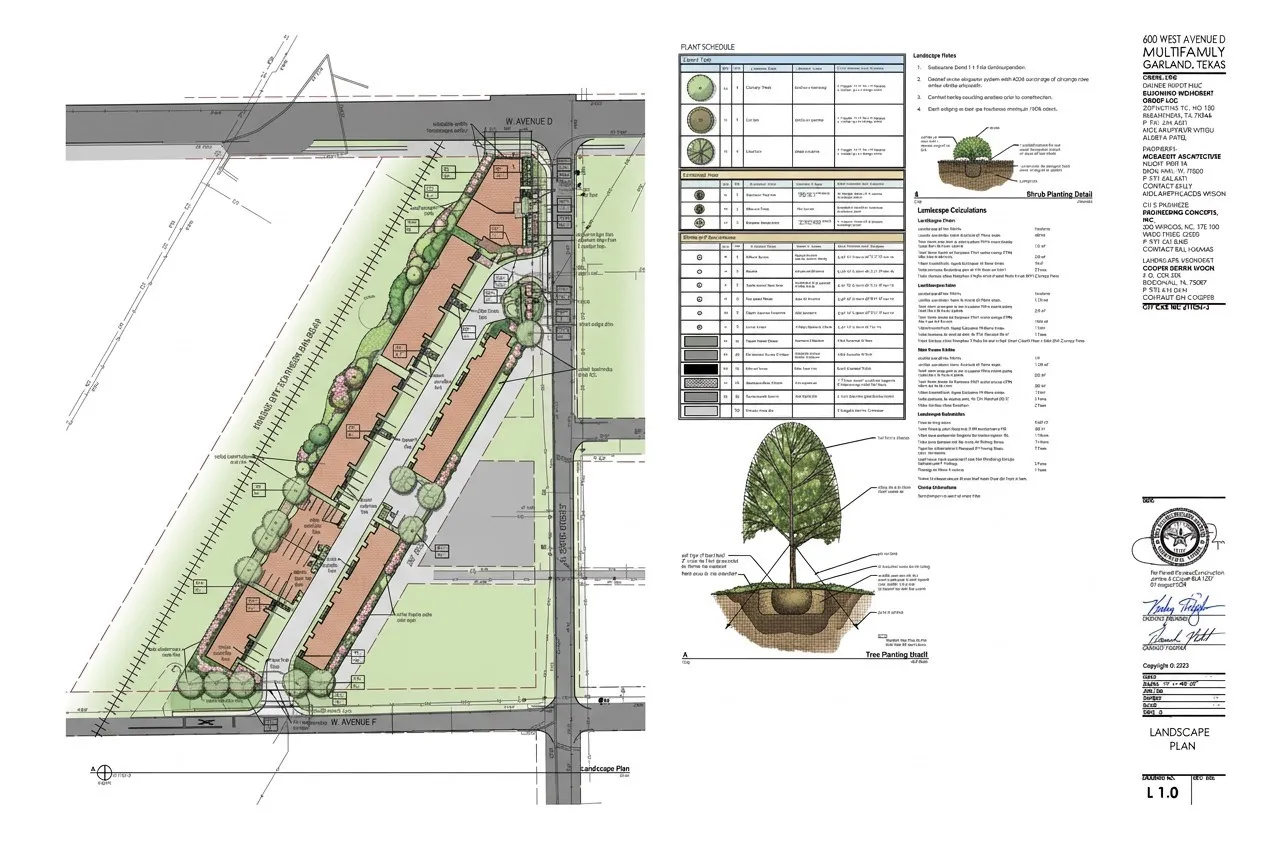 Landscape Plan. Illustrating the site layout and planting details for the property