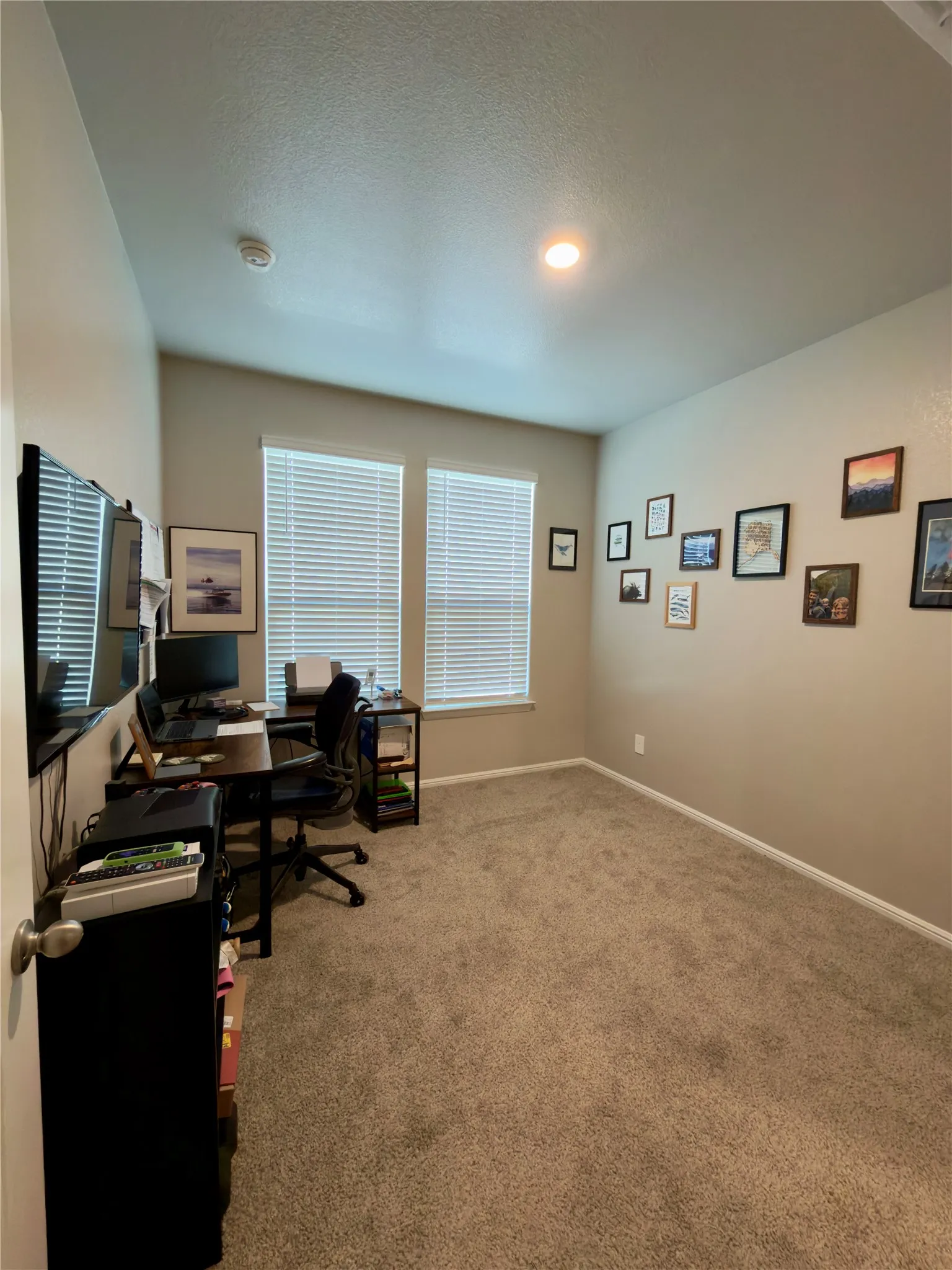 Carpeted office space featuring baseboards and a textured ceiling