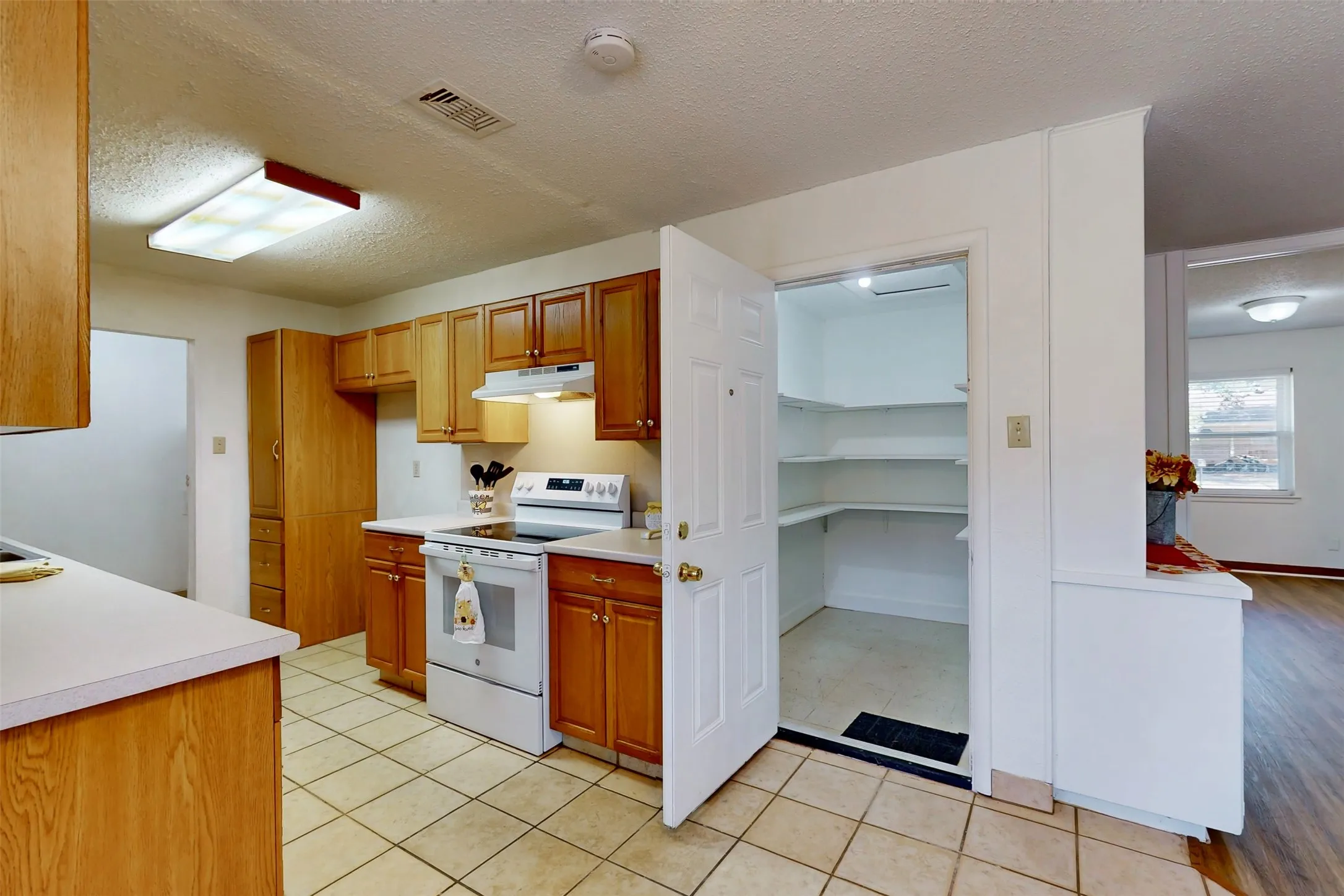 Kitchen has plenty of countertop space, modern wood cabinets, and an air-conditioned walk-in pantry.