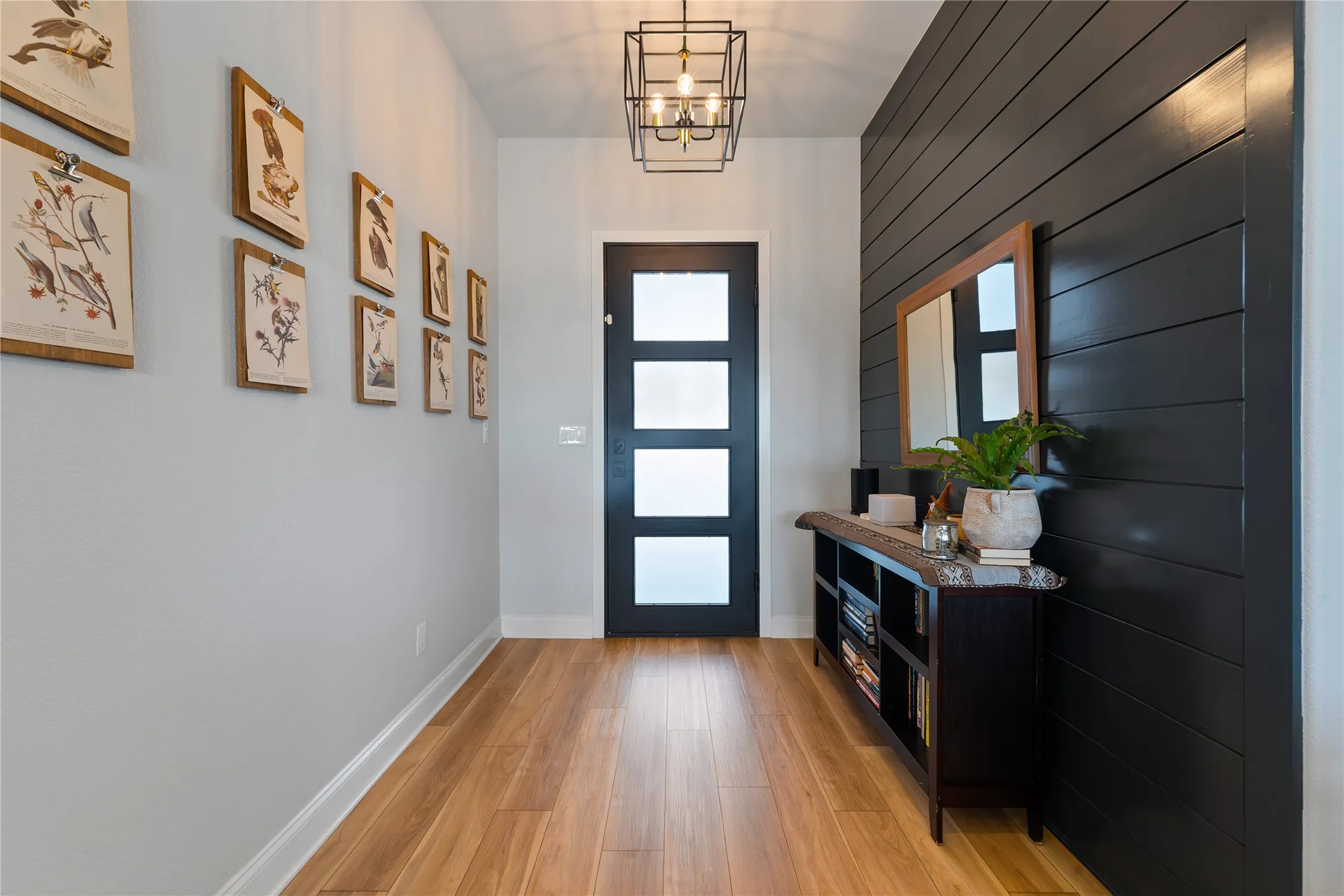 Wood-finish flooring, accent wall with horizontal paneling, modern entry door with frosted glass panels, and a ceiling-mounted light fixture