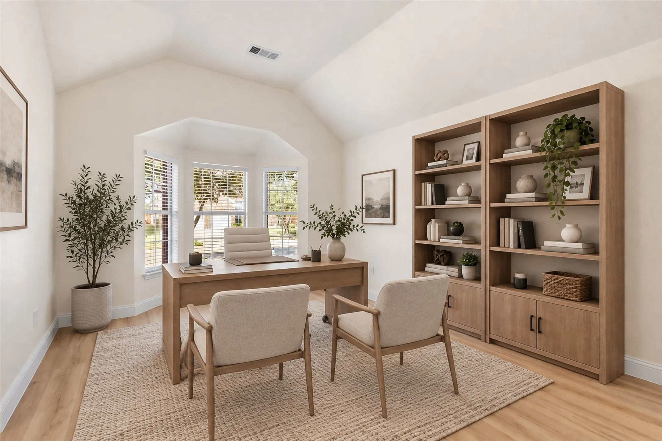 Room has been virtually staged
Vaulted ceiling with a bay window, wood-finish flooring, and built-in shelving