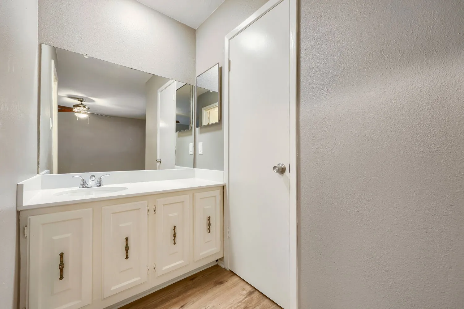 Vanity with integrated sink, expansive wall-mounted mirror, extensive base cabinetry, and wood-finish flooring
