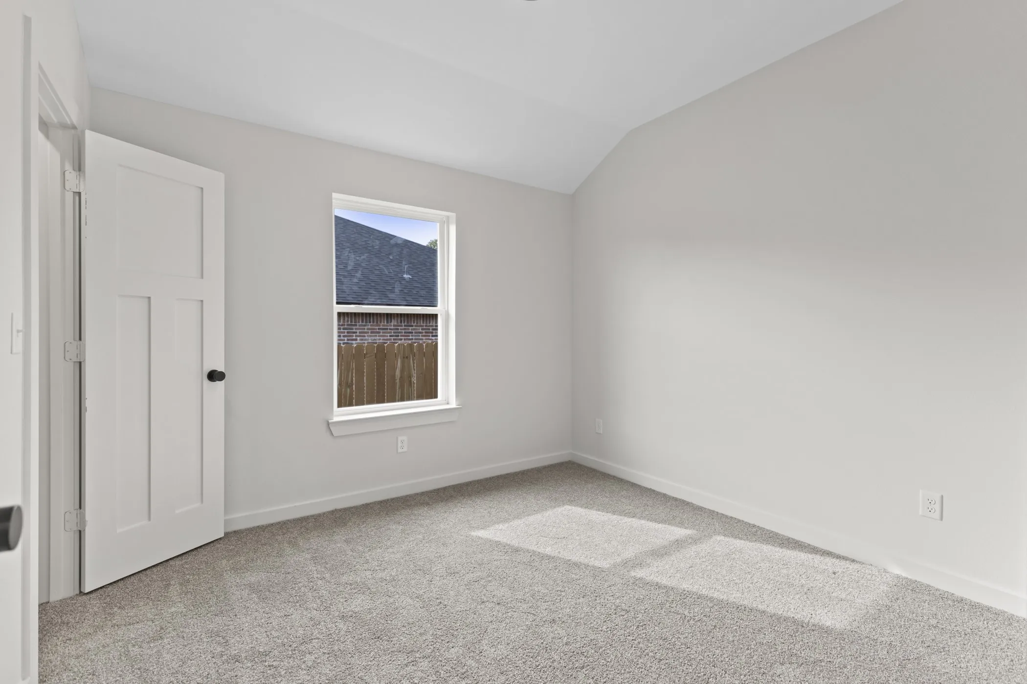 Neutral wall paint, plush carpeting, white trim, and a paneled door with a black doorknob