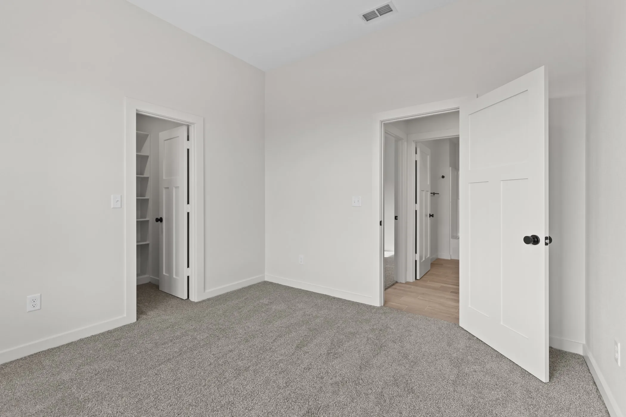 Grey carpet flooring, white walls, white trim, white interior doors with black hardware, and a built-in shelving unit