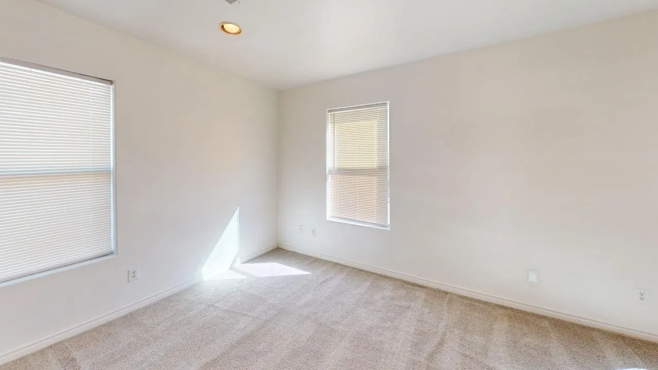 Recessed ceiling lighting, light neutral-toned walls, and soft carpet flooring