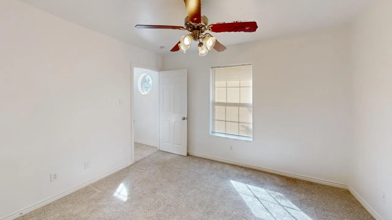 Carpeted room featuring a ceiling fan with light fixture, a window with horizontal blinds, and a white paneled door