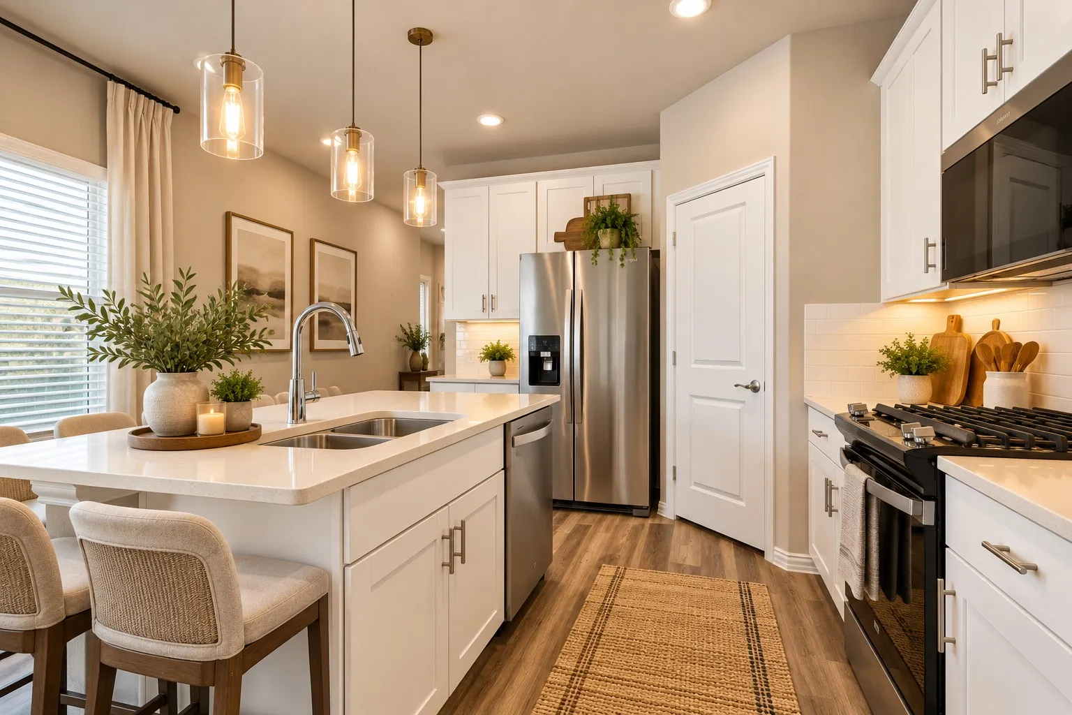 Kitchen featuring white cabinetry, stainless steel appliances, a center island with double sink, and wood-finish flooring