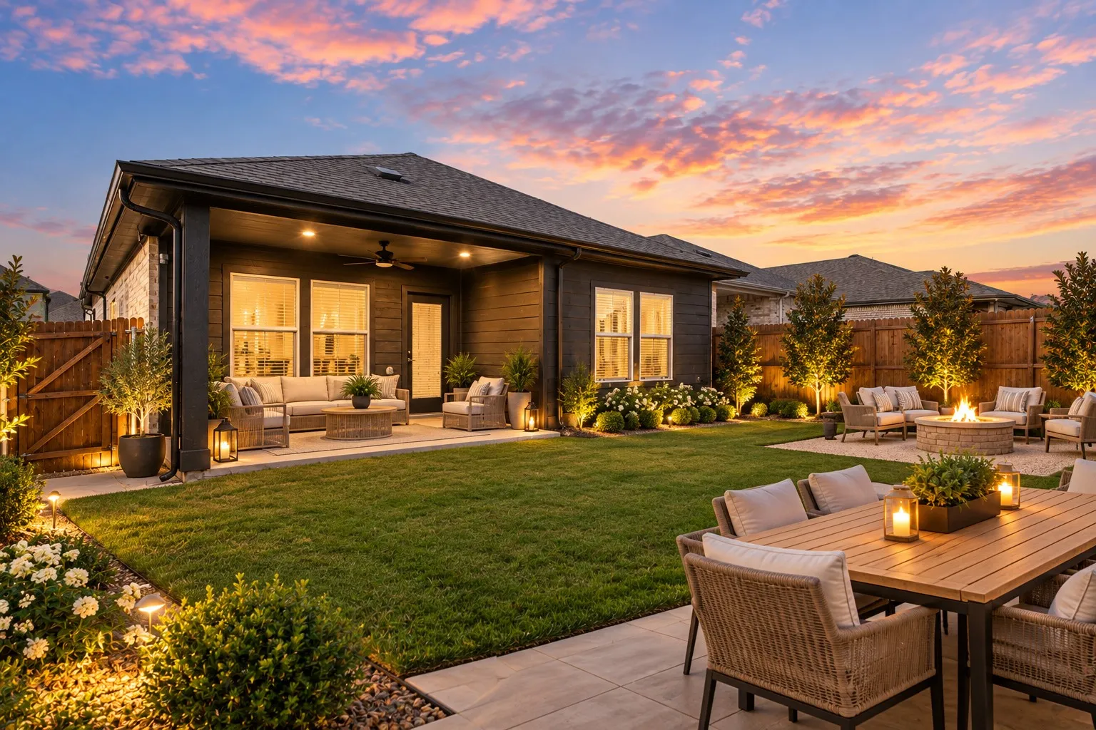 Expansive backyard featuring a covered patio, paved dining area, manicured lawn, built-in fire pit, and mature trees