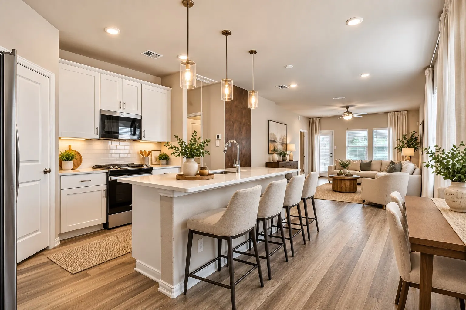 Open-concept living area featuring wood-finish flooring, white cabinetry, a kitchen island with pendant lighting, and recessed ceiling lights