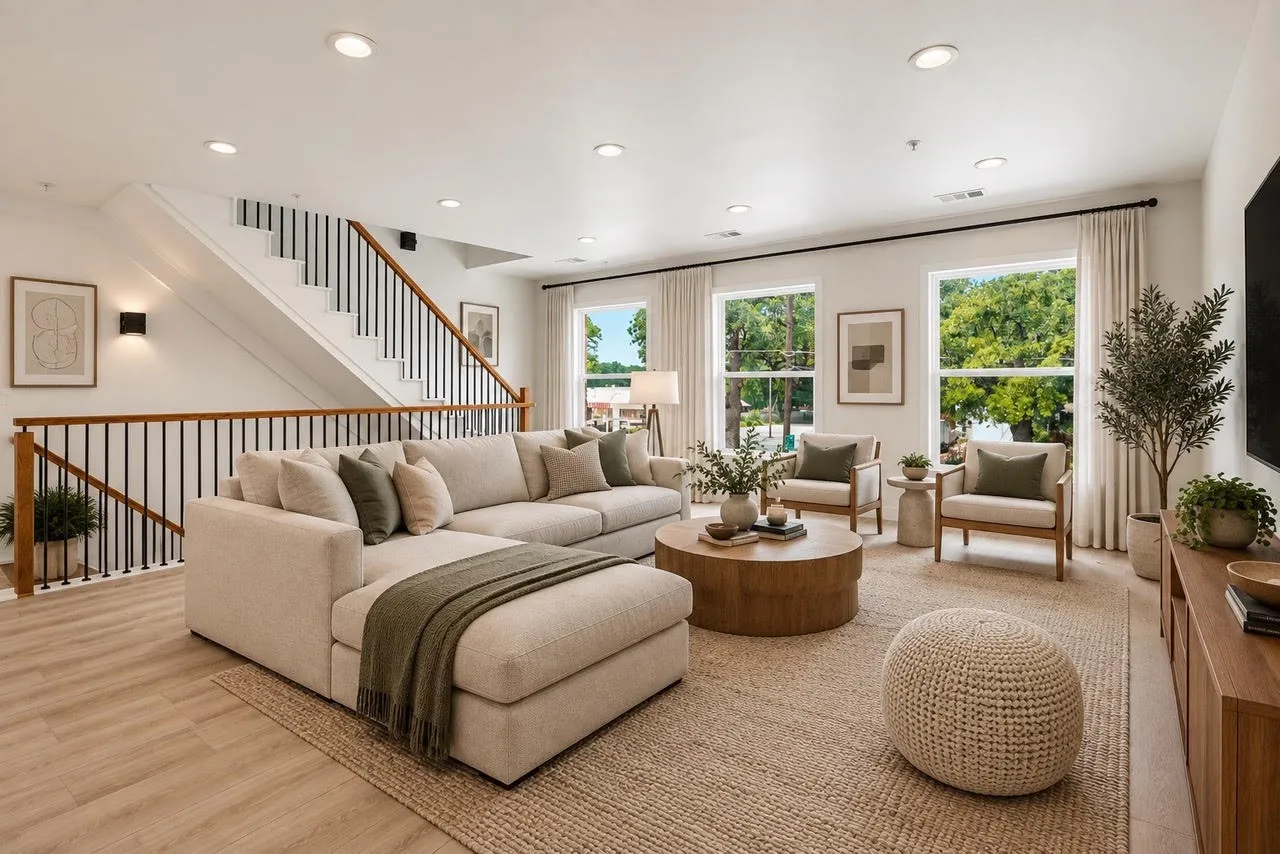 Recessed ceiling lighting, wood-finish flooring, staircase with wood handrail and black balusters, multiple large windows, and a built-in media console