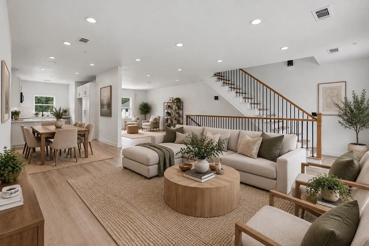 Open-concept living space featuring wood-finish flooring, recessed lighting, and a staircase with dark metal balusters and a wood handrail