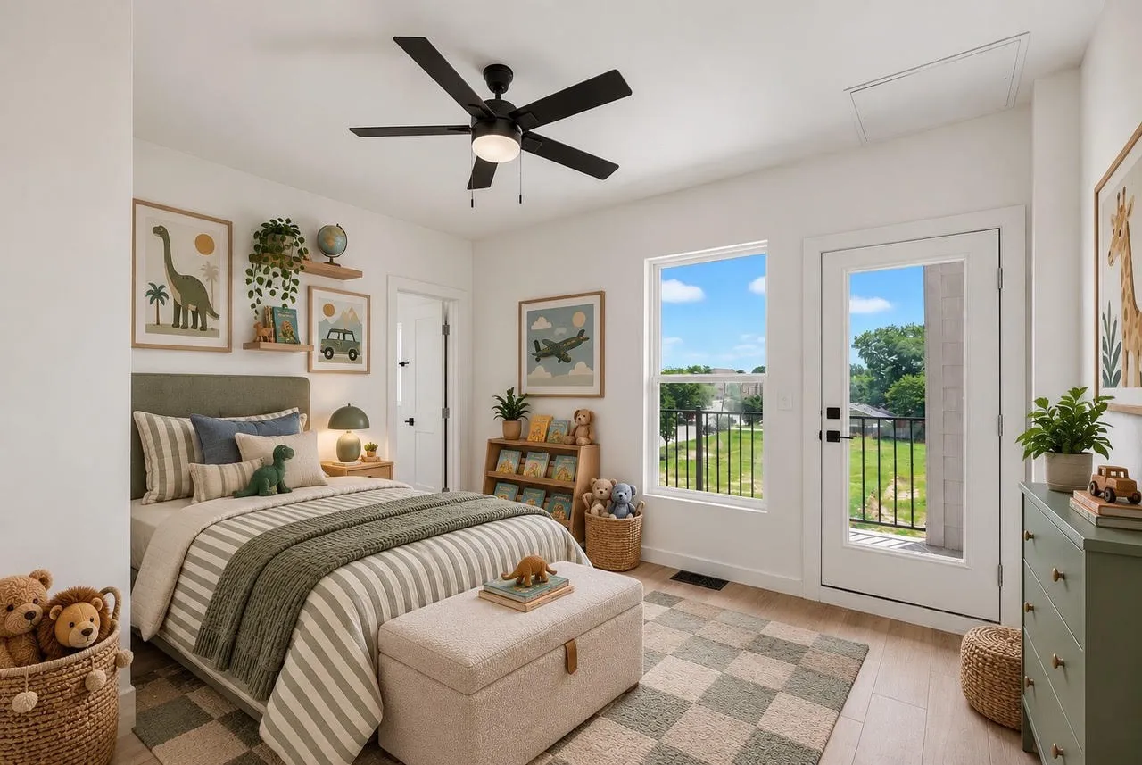 Wood-finish flooring with a ceiling fan, a window, and a door leading to an exterior balcony