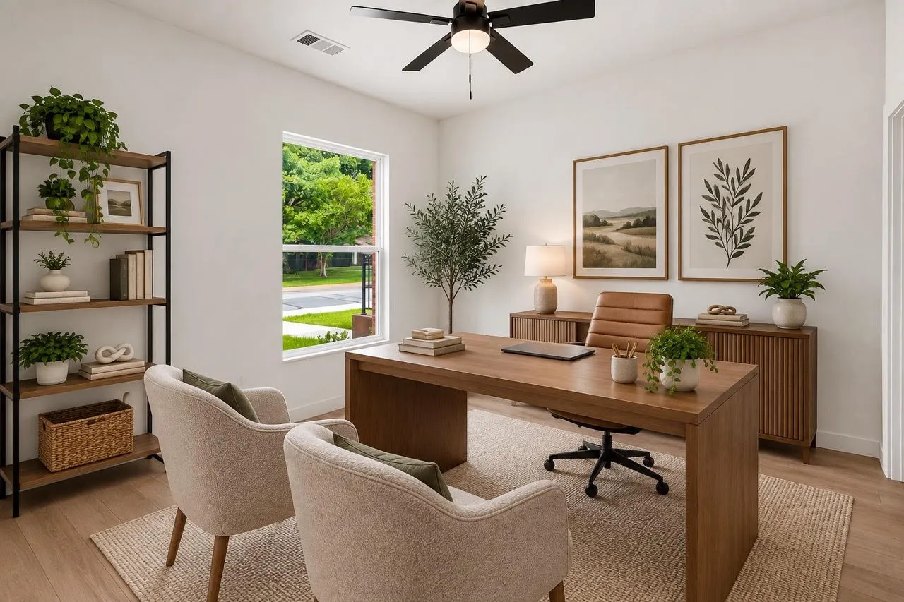 Recessed lighting, wood-finish flooring, and a ceiling fan