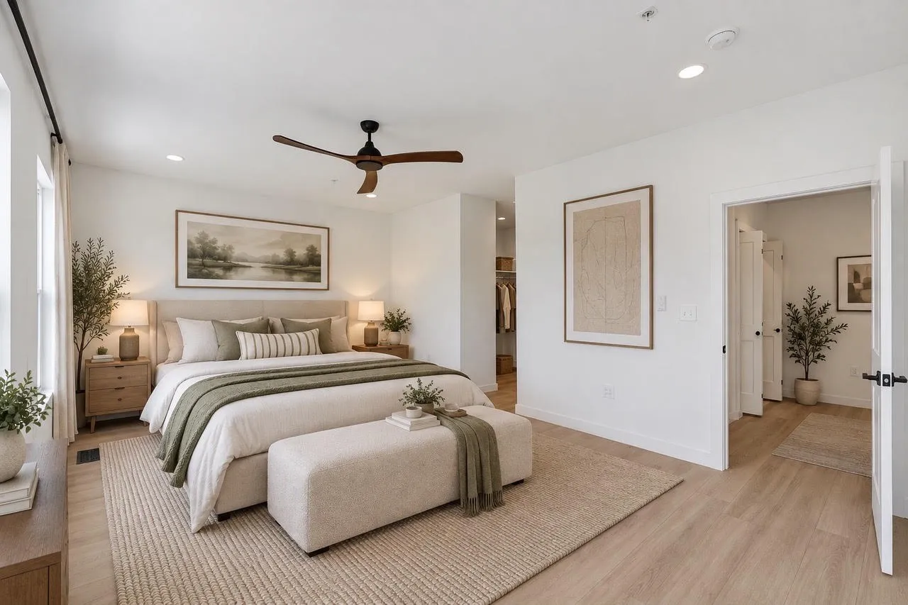 Light-toned wood-finish flooring, recessed lighting, white walls, and a ceiling fan with wood-finish blades
