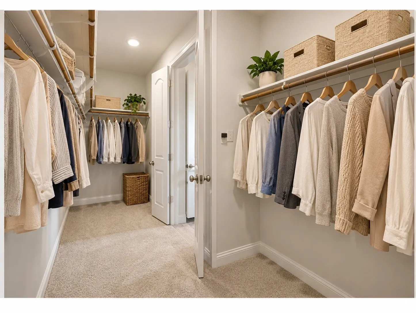 Walk-in closet featuring carpeted flooring, built-in shelving, and recessed lighting